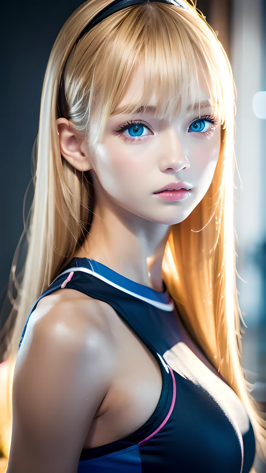 Beautiful 14-year-old Scandinavian supermodel, K-Pop, Dancewear, Sporty, Looking at the Viewer, Slender figure, Blonde girl、Super long straight hair、Bangs between the eyes、A detailed face, Realistic, very beautiful, bright, light blue, large eyes, Very large, detailed eyes, Point the camera straight, Fuji XT3、Small Face Beauty、Round face、Cheek gloss highlight、Ample Bust、gentle and bright expression