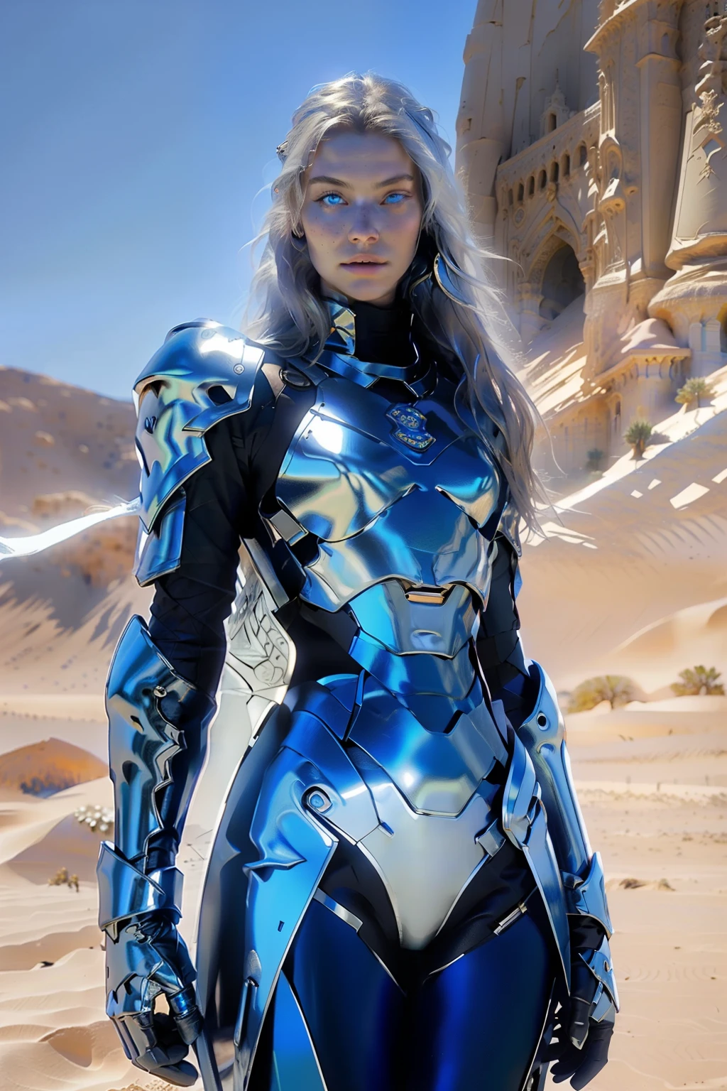 Masterpiece, Ultra Wide Shot, (1girl), (intricate clothes armor), freckles, (beautiful face:1.2), (blue eyes:1.2), (white long hair), (1glowing blue sword stabbed in the ground), (desert background), (desert castle), stones, foggy weather, a beautiful female knight, dark, epic, fantasy art style, uhd, extremely detailed artgerm, 4k fantasy art, beautiful celestial warrior