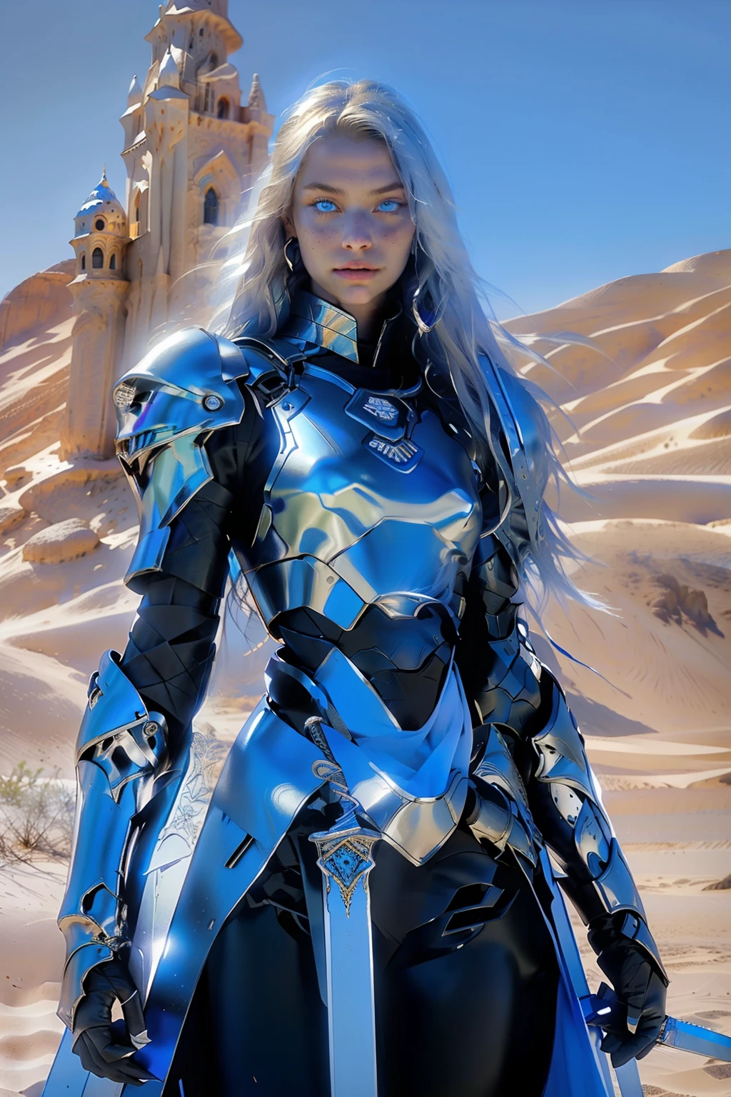 Masterpiece, Ultra Wide Shot, (1girl), (intricate clothes armor), freckles, (beautiful face:1.2), (blue eyes:1.2), (white long hair), (1glowing blue sword stabbed in the ground), (desert background), (desert castle), stones, foggy weather, a beautiful female knight, dark, epic, fantasy art style, uhd, extremely detailed artgerm, 4k fantasy art, beautiful celestial warrior