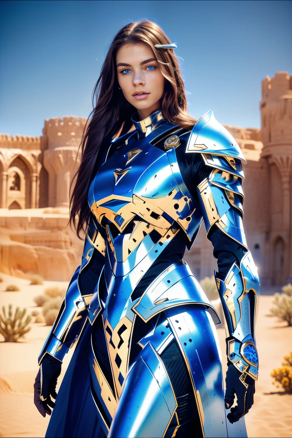 Masterpiece, Ultra Wide Shot, (1girl), (intricate clothes armor), freckles, (beautiful face:1.2), (blue eyes:1.2), (white long hair), (1glowing blue sword stabbed in the ground), (desert background), (desert castle), stones, foggy weather, a beautiful female knight, dark, epic, fantasy art style, uhd, extremely detailed artgerm, 4k fantasy art, beautiful celestial warrior