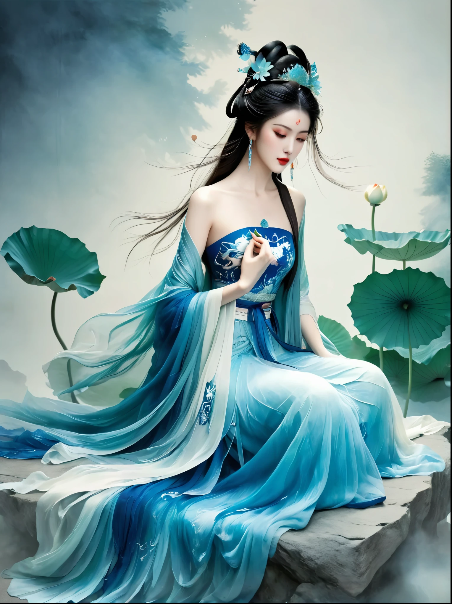 石の上に座る中国美人, 古代中国の衣装を着て, 流れるような青いチュール, ライトシルク, 怠惰な姿勢, Big ロータス leaf, ロータス, 水墨画風, きれいな色, 決定的な伐採, 空白, モード, 傑作, 超詳細, 壮大な創造, 高品質, 最高品質, ウルトラHD，傑作，正確な，解剖学的に正しい，キメのある肌，受賞歴, 最高品質, 8K