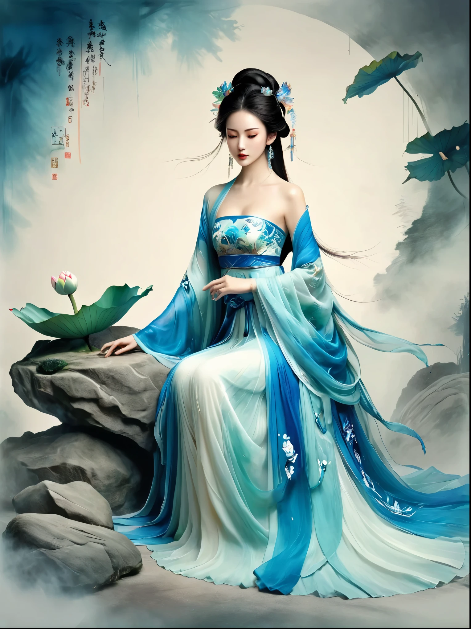 Chinese beauty sitting on the stone, Dressed in ancient Chinese costumes, Flowing blue tulle, Light Silk, Lazy posture, Big lotus leaf, lotus, Ink painting style, Clean colors, Decisive felling, White space, Mode, masterpiece, Ultra Detailed, Epic creation, high quality, best quality, Ultra HD，masterpiece，precise，Anatomically correct，Textured Skin，Awards, Best quality, 8k