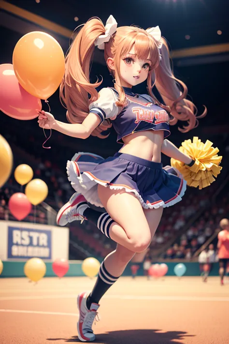 cheer girl, holding balloons, full body, twin tails,