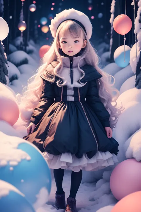 doll, a 8 years old girl, holding balloons, full body, real photo