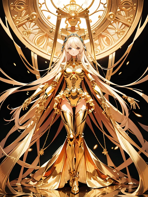 Maria is resurrected with a golden mechanical body,
 Masterpiece, Full body portrait,
 The face is a clean and beautiful human face,
 The golden internal skeleton is visible except for the face.,
 Wearing underwear so thin that the internal skeleton can be seen through,
 There are lots of beautiful mechanized girls around。