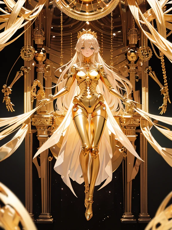 Maria is resurrected with a golden mechanical body,
 Masterpiece, Full body portrait,
 The face is a clean and beautiful human face,
 The golden internal skeleton is visible except for the face.,
 Wearing underwear so thin that the internal skeleton can be seen through,
 There are lots of beautiful mechanized girls around。