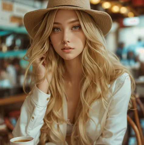 Wear a hat、コーヒーカップを持っているLong blonde hairアラフィフ女性, Beautiful blonde girl, Sleeveless bra、Sexy girl with long blonde hair, Long blo...