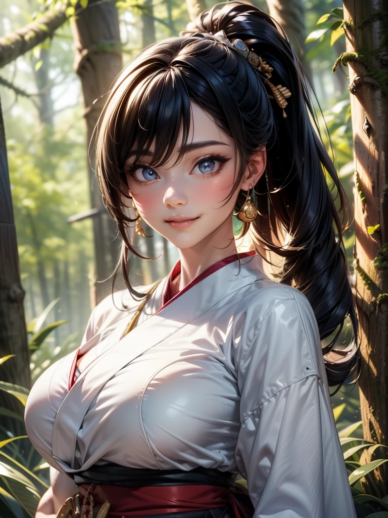 {{{masterpiece}}}, {{{best quality}}}, {{ultra-detailed}}, {cinematic lighting}, {illustration}, {beautifuly detailed eyes}, {1girl}, extremely detailed, 1girl, solo,  A beautiful samurai warrior, blue hair in a long ponytail, wearing white and black kimono, warrior, playful smile, brown eyes, huge breasts, hourglass figure, facing viewer, outdoors, woodland background, highly detailed face and clothing, slightly narrow eyes, perfect face, fair skin, hair bangs, long hair, cowboy shot, noble beautiful, traditional Japanese clothing, samurai woman