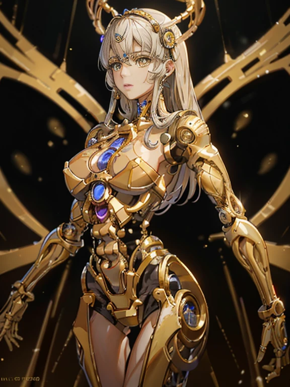 Maria is resurrected with a golden mechanical body,
 Masterpiece, Full body portrait,
 The face is a clean and beautiful human face,
 The golden internal skeleton is visible except for the face.,
 Wearing underwear so thin that the internal skeleton can be seen through,
 There are lots of beautiful mechanized girls around。