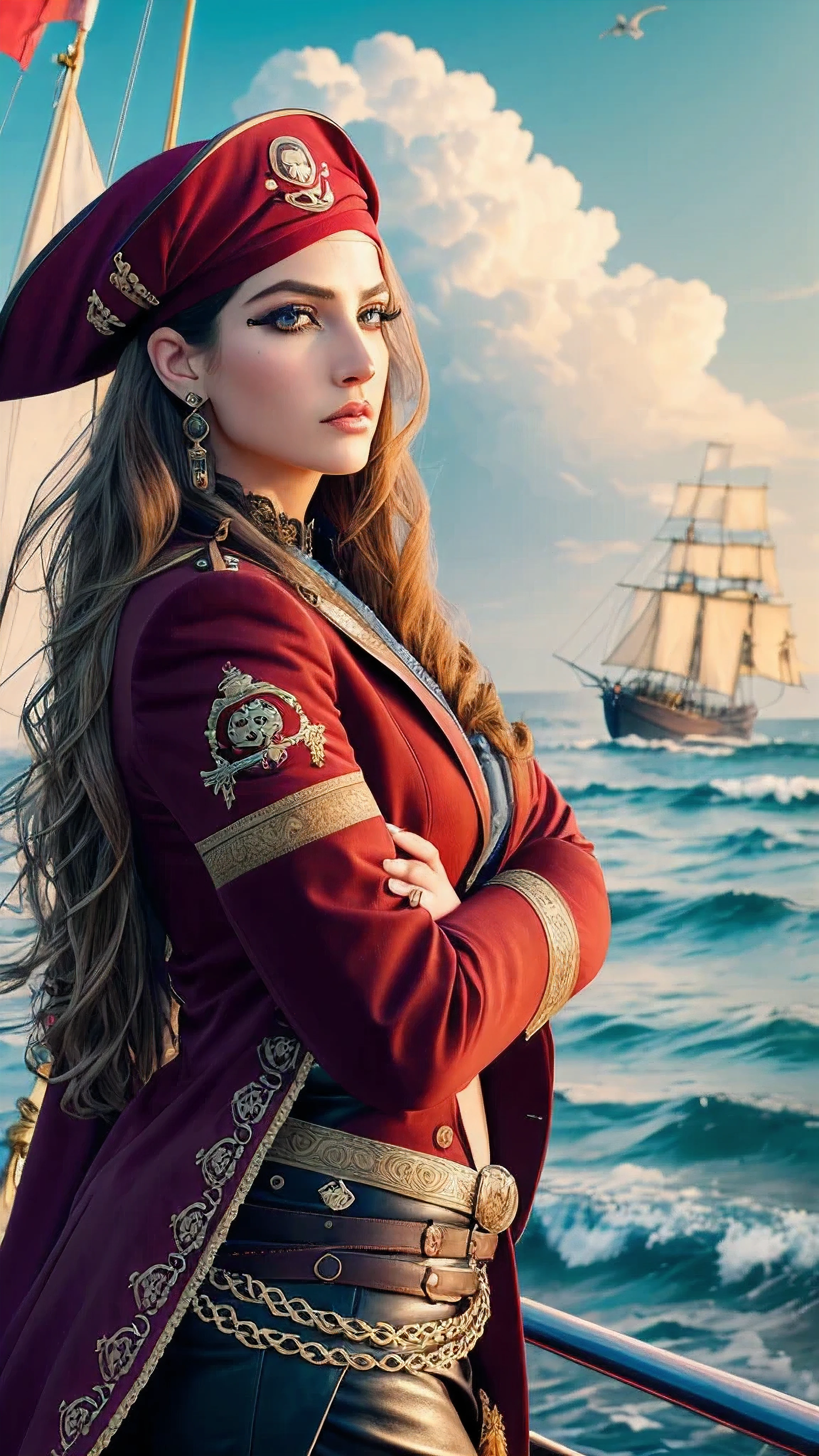 best quality,4k,8k,highres,masterpiece:1.2,ultra-detailed,realistic:1.37,pitcuresque landscape,powerful woman,beautiful detailed eyes,beautiful detailed lips,long eyelashes,bold and confident expression,dark and mysterious atmosphere,fierce and determined posture,captivating perspective,colorful surroundings,dramatic lighting,pirate hat,eye patch,loose wavy hair,ornate golden earrings,maroon velvet jacket,crimson bandana,leather boots,straight sword,treasure chest,seagulls,stormy waves,sailing ship,billowing sails,skull and crossbones flag,hidden cove,moonlit sky,adventurous spirit