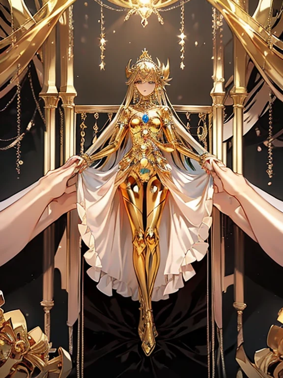 Maria is resurrected with a golden mechanical body,
 Masterpiece, Full body portrait,
 The face is a clean and beautiful human face,
 The golden internal skeleton is visible except for the face.,
 Wearing underwear so thin that the internal skeleton can be seen through,
 There are lots of beautiful, mechanized girls around.