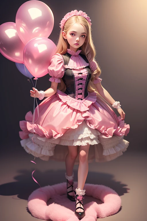 doll, a 14 years old girl, holding balloons, (((full body))), real photo, looking above at me, Brat, pink