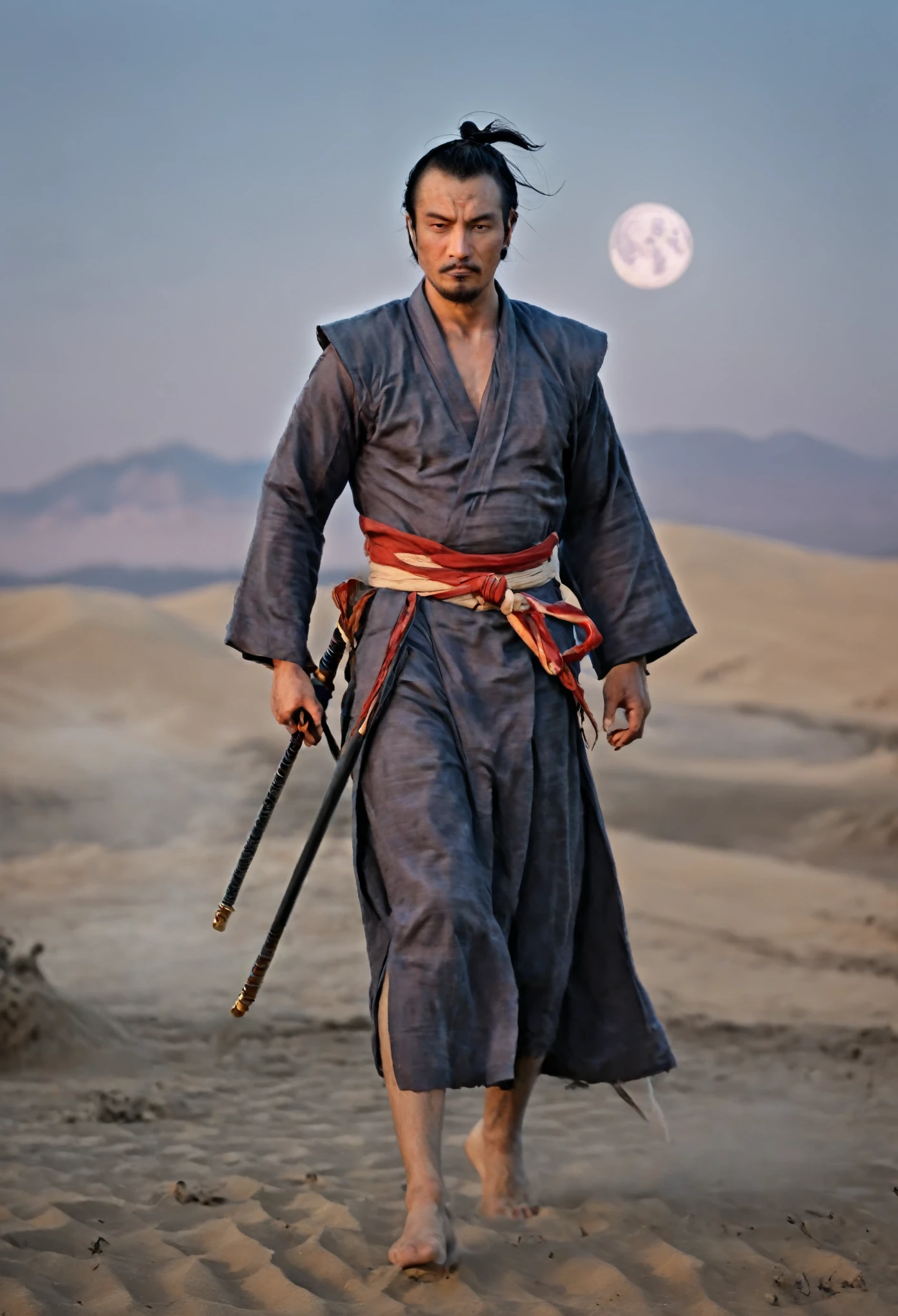 A samurai walking in a desert at dusk, with the moon as the background, front view, (best quality, 4k, 8k, highres, masterpiece:1.2), ultra-detailed, (realistic, photorealistic, photo-realistic:1.37), perfect face, intricate details, dusty ground, wind blowing samurai's robe, intense gaze, strong and muscular build, katana held firmly in hand, sunset colors painting the sky, shadows cast by the samurai's figure, mystical aura, vibrant and contrasting colors, dynamic lighting, striking silhouette.