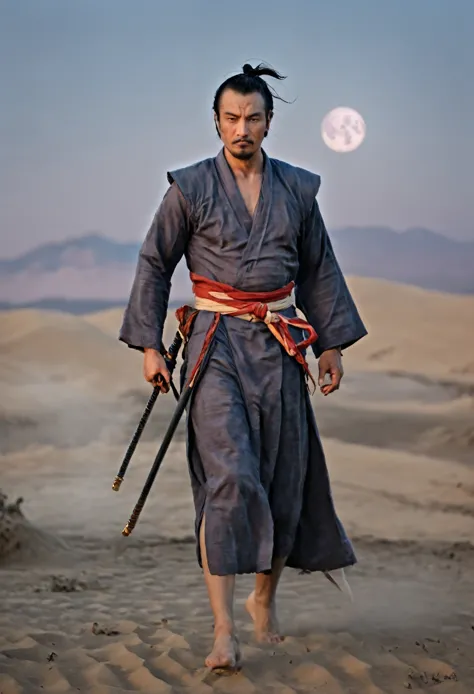 A samurai walking in a desert at dusk, with the moon as the background, front view, (best quality, 4k, 8k, highres, masterpiece:...