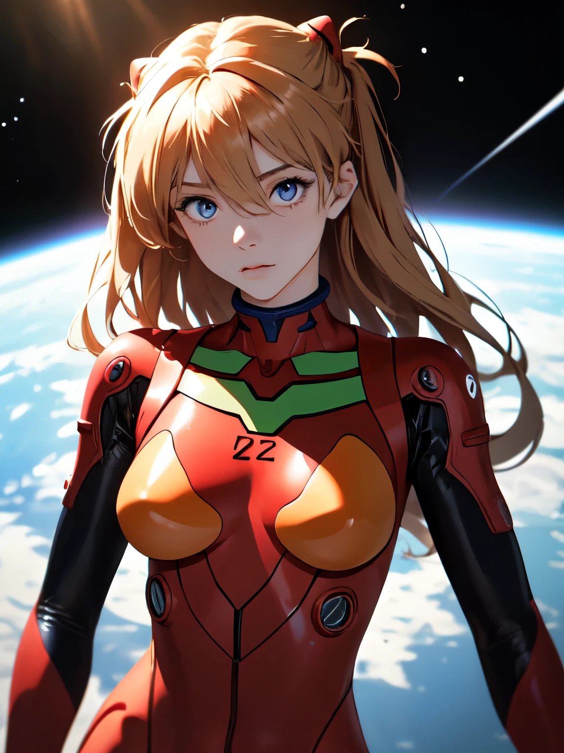 (masterpiece, highest quality), One girl, Beautiful Face, Beautiful body, souryuu_Asuka_Langley, Plug Suit, Bodysuits, Interface Headset, red Bodysuits, Hair between the eyes, Pilot Suit,((Show your whole body:1.5)), The background is space (Amazing details, Excellent lighting, Wide-angle)