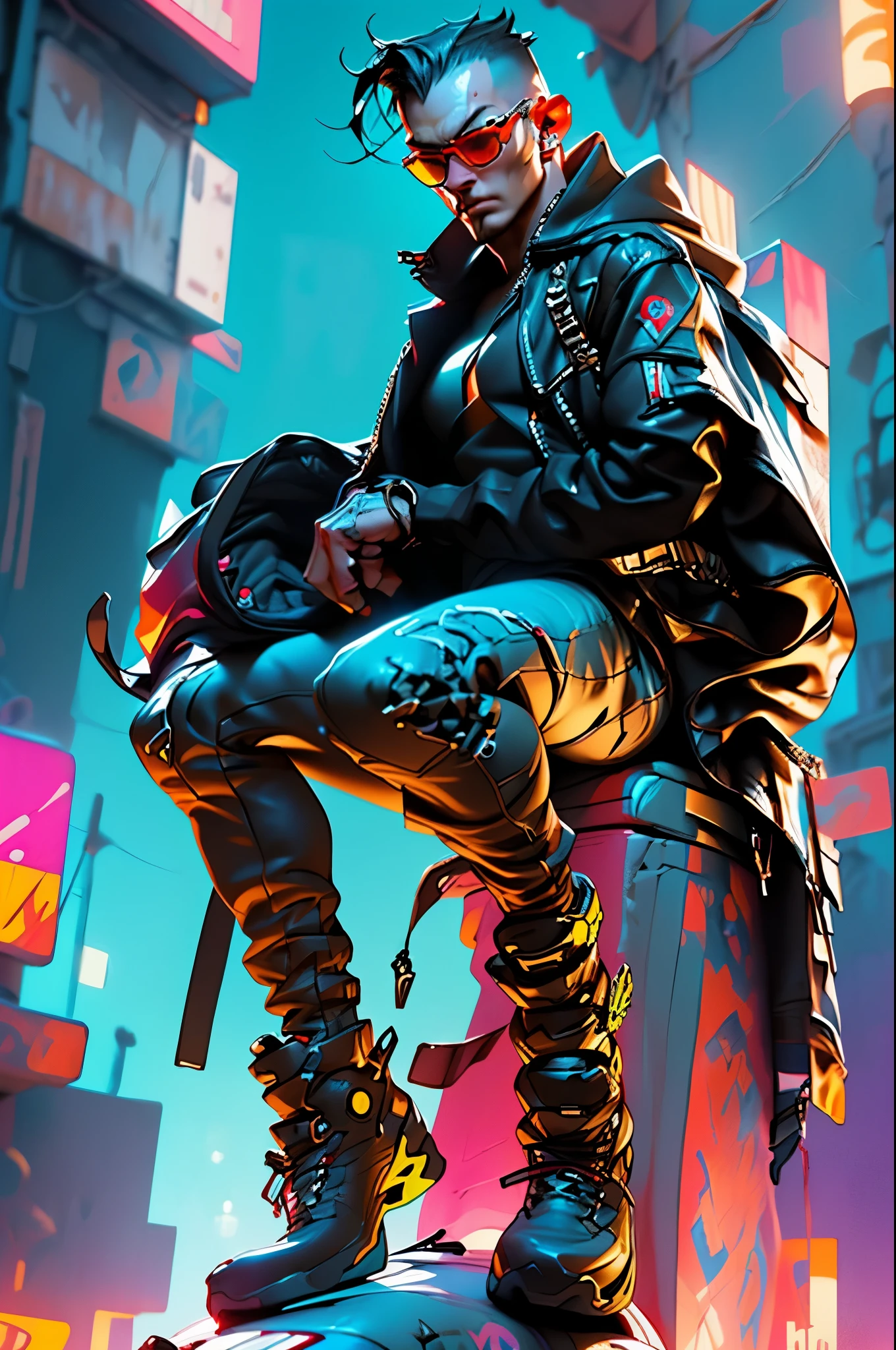 ((best quality)), ((masterpiece)), (very detailed body and face:1.3), 3D, Beautiful (cyberpunk:1.3) Beautiful young man with hair shaved on the sides and a petrol blue mohawk, VERY DETAILED AND BRIGHT, ((with weapons in his hands) ), (((futuristic Mad Max movie style background))), (((pink and cyan neon lights at night))), night image, at night, 32k