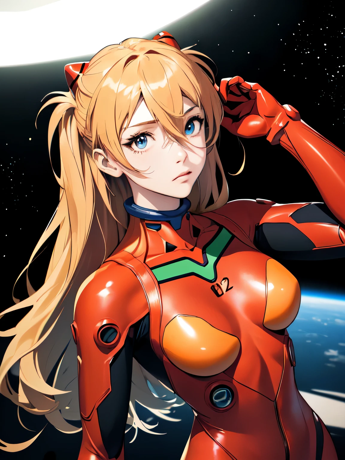 (masterpiece, highest quality), One girl, Beautiful Face, Beautiful body, souryuu_Asuka_Langley, Plug Suit, Bodysuits, Interface Headset, red Bodysuits, Hair between the eyes, Pilot Suit,((Show your whole body:1.5)), The background is space (Amazing details, Excellent lighting, Wide-angle)