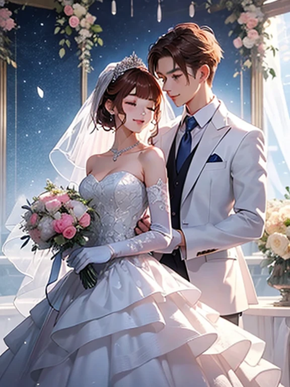 masterpiece, One girl, One boy, dress, Two people, wedding style dress, tie, Couple, smile, Strapless dress, close your eyes, pants, Strapless, Veil, flower, Long Hair, Holding, jewelry, gloves, shirt, necklace, flower束, white pants, Holding flower束, white dress, blue eyes, white shirt, Open jacket, Holding hands, elbow gloves, white gloves, White jacket, pink tie, bridal Veil, White Background, wedding style, couple, Long sleeve, long dress, pink flower, short hair, Are standing, Novel cover