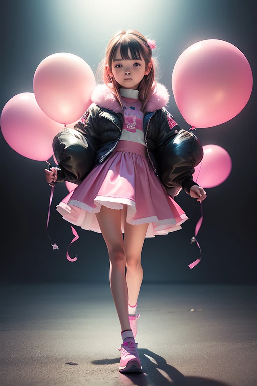 a 10 years old girl, holding balloons, (((full body))), real photo, looking above at me, Brat, pink