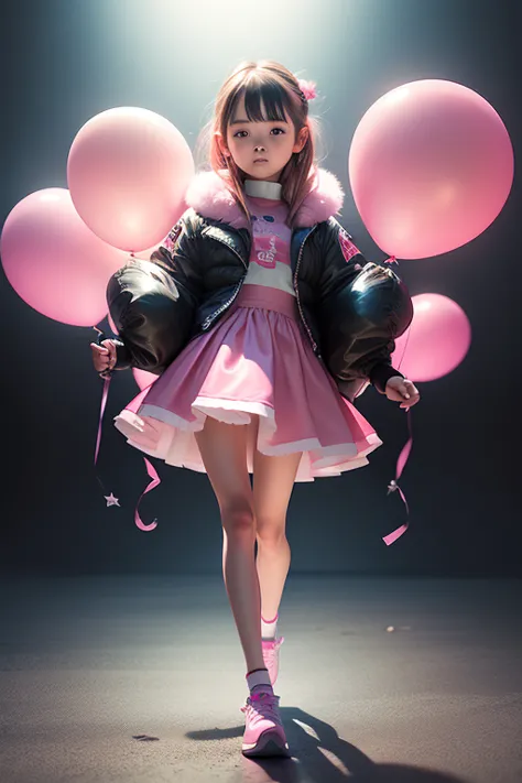 a 10 years old girl, holding balloons, (((full body))), real photo, looking above at me, brat, pink