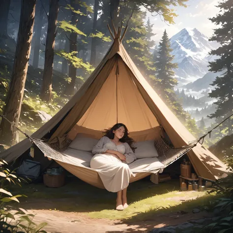 (best quality,highres,masterpiece:1.2),ultra-detailed,realistic,natural lighting,a girl sleeping on a hammock in a forest,wearing a nightgown,(adventurous woman),mountains,trees,a tent,set up for a picnic,adventure