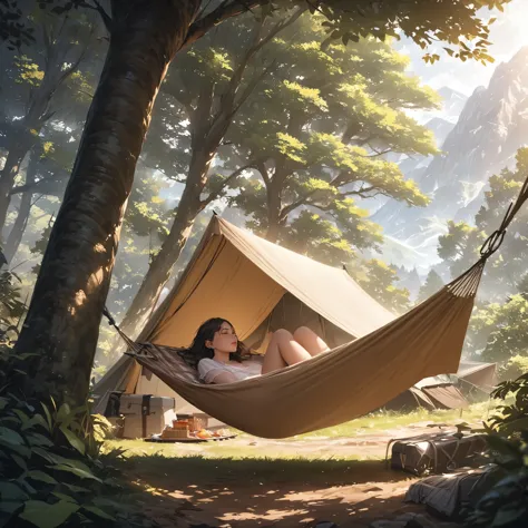 (best quality,highres,masterpiece:1.2),ultra-detailed,realistic,natural lighting,a girl sleeping on a hammock in a forest,wearing a nightgown,(adventurous woman),mountains,trees,a tent,set up for a picnic,adventure