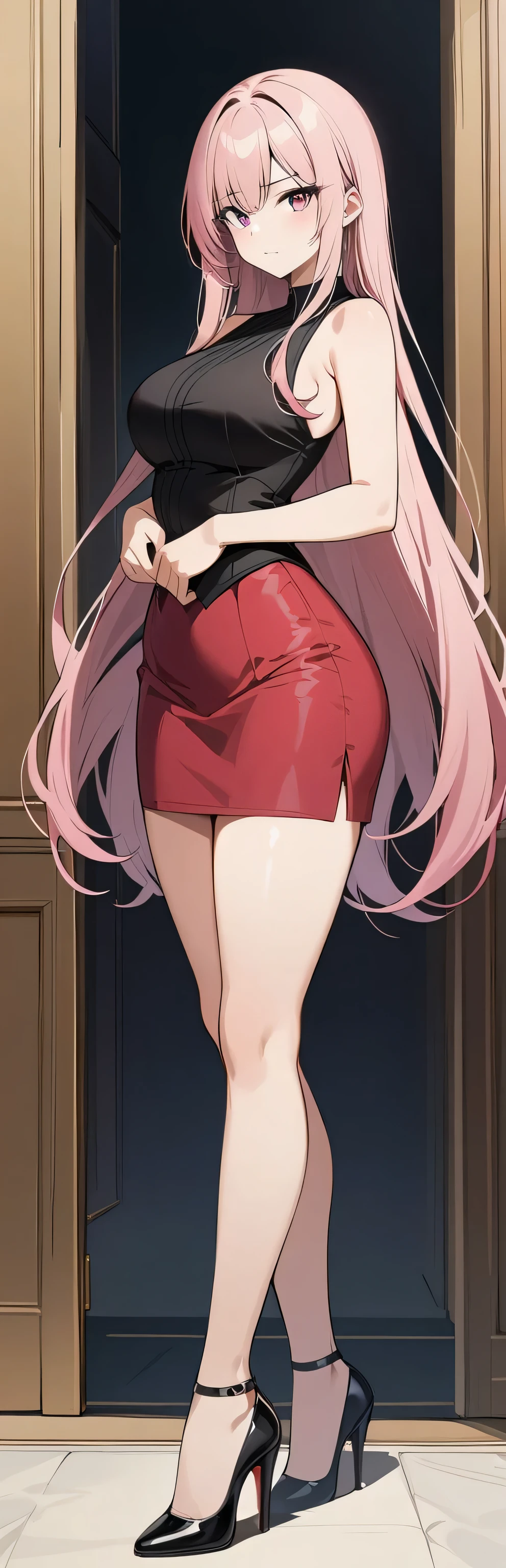 (highres,4k,8k,masterpiece:1.2), 1 girl, standing alone, long flowing hair, dressed in a sleek black sleeveless short vest and a vibrant pink skirt. The girl is standing in a confident pose, showcasing her full body. She is wearing elegant high heels, adding a touch of sophistication to her appearance.