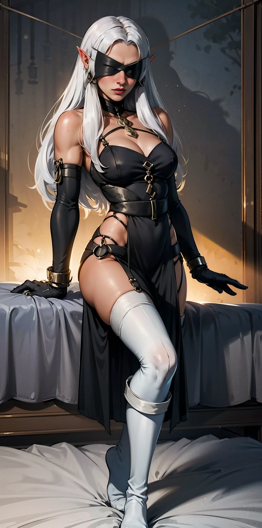 (yellow eyes), white hair, silver hair, very long hair, straight hair, solo, adult woman, tall, slightly muscular, large breasted, cleavage, constricted waist, toned body, slight abs, thin dark skin, pointy ears, lipstick, makeup, black eyeshadow, circlet, white short dress, jewelry, bracelet, white gloves, thigh boots, standing symmetrical feet together on bed, Cross Belt Blindfold