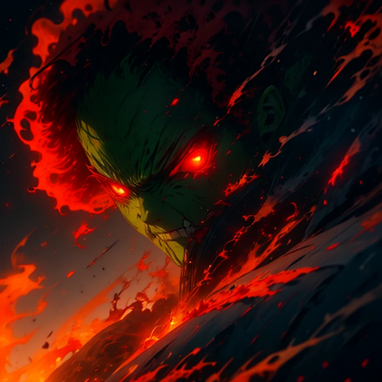 a close up of a person with red eyes, tatsumaki with green curly hair, angry light, mamimi samejima, [ metal ], anime wallaper, the artist has used bright, toga, isekai manga panel, enraged, miko, by Nōami, clean brutal blooded face