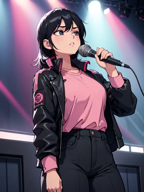 masterpiece, highest quality, one girl, upper body, jiro, fine grain, pink shirt, black jacket, torn clothes, concert, (stage)