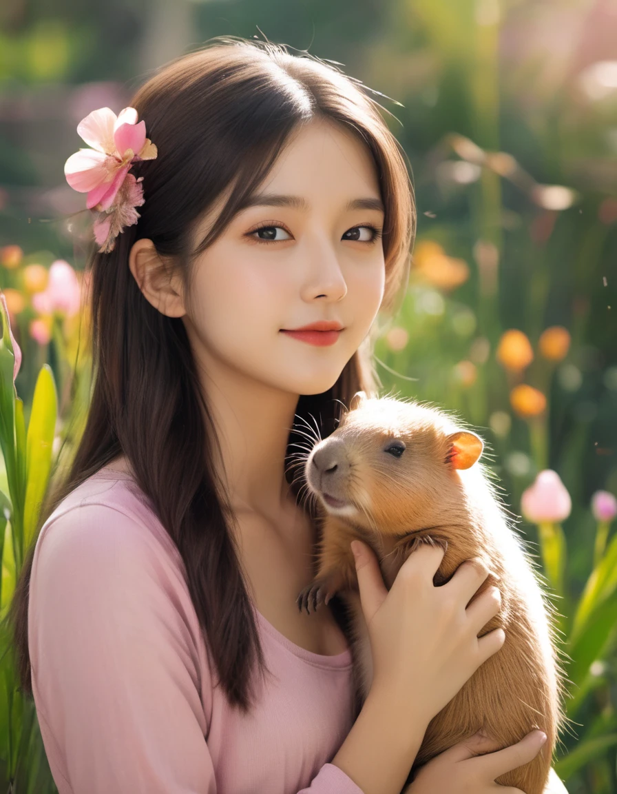 a girl holding a Capybara,best quality,ultra-detailed,cute and realistic Capybara,beautiful detailed eyes and lips,long lashes,lovely smile,young girl in a garden,soft and natural lighting,vibrant colors,bokeh,happy and joyful girl,casual clothing,warm and sunny day,green grass and colorful flowers in the background,textured illustrations，vivid colors,soft pastel tones