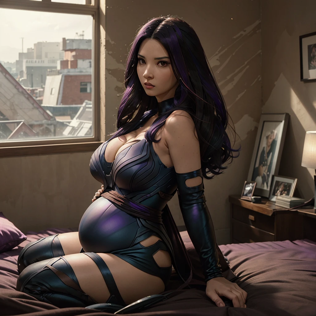 Masterpiece, Best Quality, Cinematic, Volumetric Lighting, Highly Detailed, High Resolution, Sharp, Sharp Image, 4k, 8K, 35mm, 1 Girl, O1IV1P8Y10C-SMF, Solo, Long Hair, Cutout Neckline, Breasts, Cleavage, Realistic, Black Hair, parted lips, brown eyes, lips, looking sideways, upper body, pregnant, very big belly, multicolored hair, big breasts, purple hair, nose, psy10ck0utf1t, in a stylish room with a window, blank walls with brown furniture, sitting on the bed.