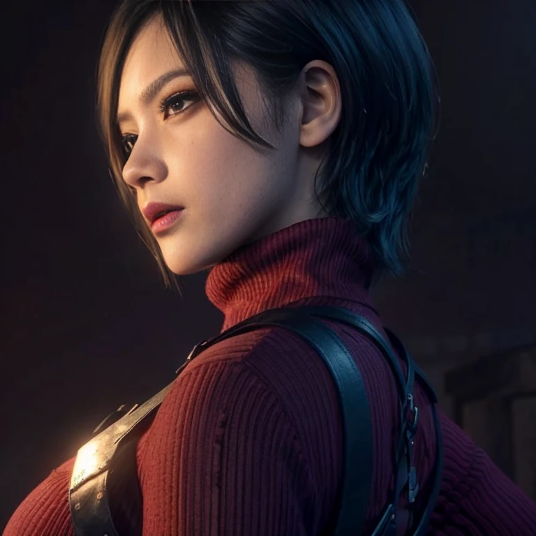 (obra maestra, mejor calidad:1.4), Insaneres, absurdos, solo, mirando al espectador,DESCANSAR JUEGO_ResidentEvil4Remake_ADAWONG_propiowaifu, 1 chica, asian, pelo negro, cabello corto, Ojos cafés, labios, Golpes, pechos grandes, red labios, constituir, labiostick, suéter, vestido, guantes, funda, shoulder funda, black guantes, suéter tipo con cuello de tortuga, suéter tipo con cuello de tortuga suéter, suéter vestido, ribbed suéter, mangas largas, aprovechar, cinturón, muslos, pantys, botas hasta el muslo, black muslos, red suéter, red vestido, (contrastado, mano en la cadera), atardecer, iluminación lateral, Al aire libre, profundidad de campo