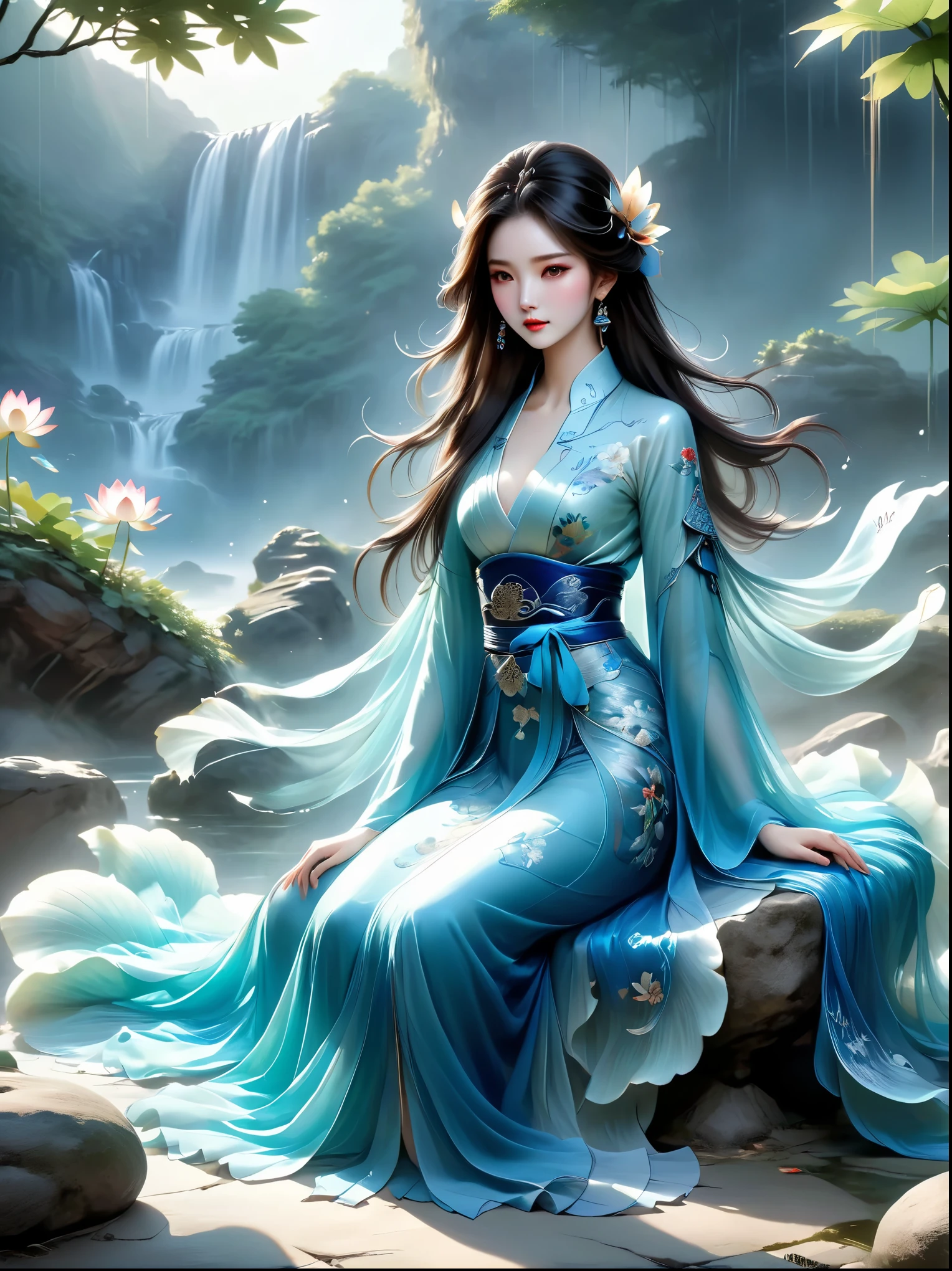 Chinese beauty sitting on the stone, Dressed in ancient Chinese costumes, Flowing blue tulle, Light Silk, Lazy posture, Big lotus leaf, lotus, Ink painting style, Clean colors, Decisive felling, White space, Mode, masterpiece, Ultra Detailed, Epic creation, high quality, best quality, Ultra HD，masterpiece，precise，Anatomically correct，Textured Skin，Awards, Best quality, 8k