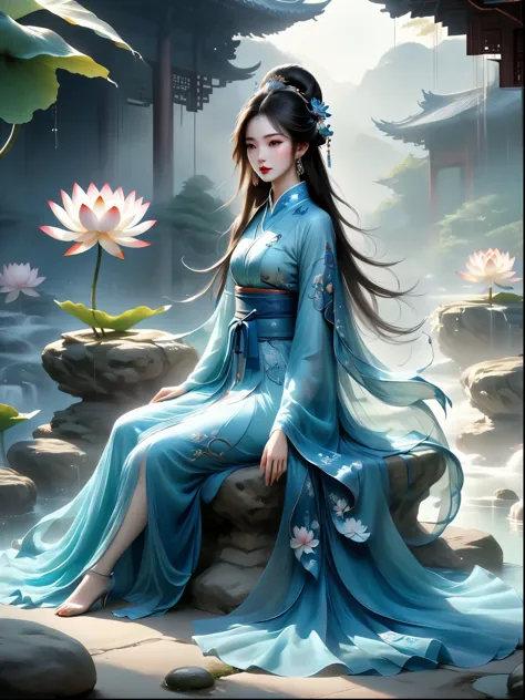 Chinese beauty sitting on the stone, Dressed in ancient Chinese costumes, Flowing blue tulle, Light Silk, Lazy posture, Big lotu...