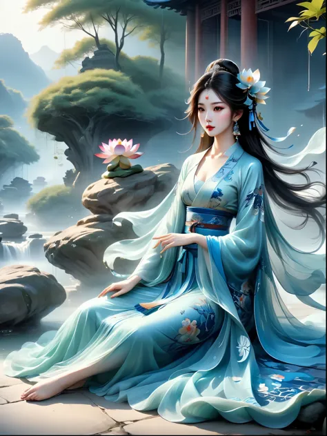 chinese beauty sitting on the stone, dressed in ancient chinese costumes, flowing blue tulle, light silk, lazy posture, big lotu...