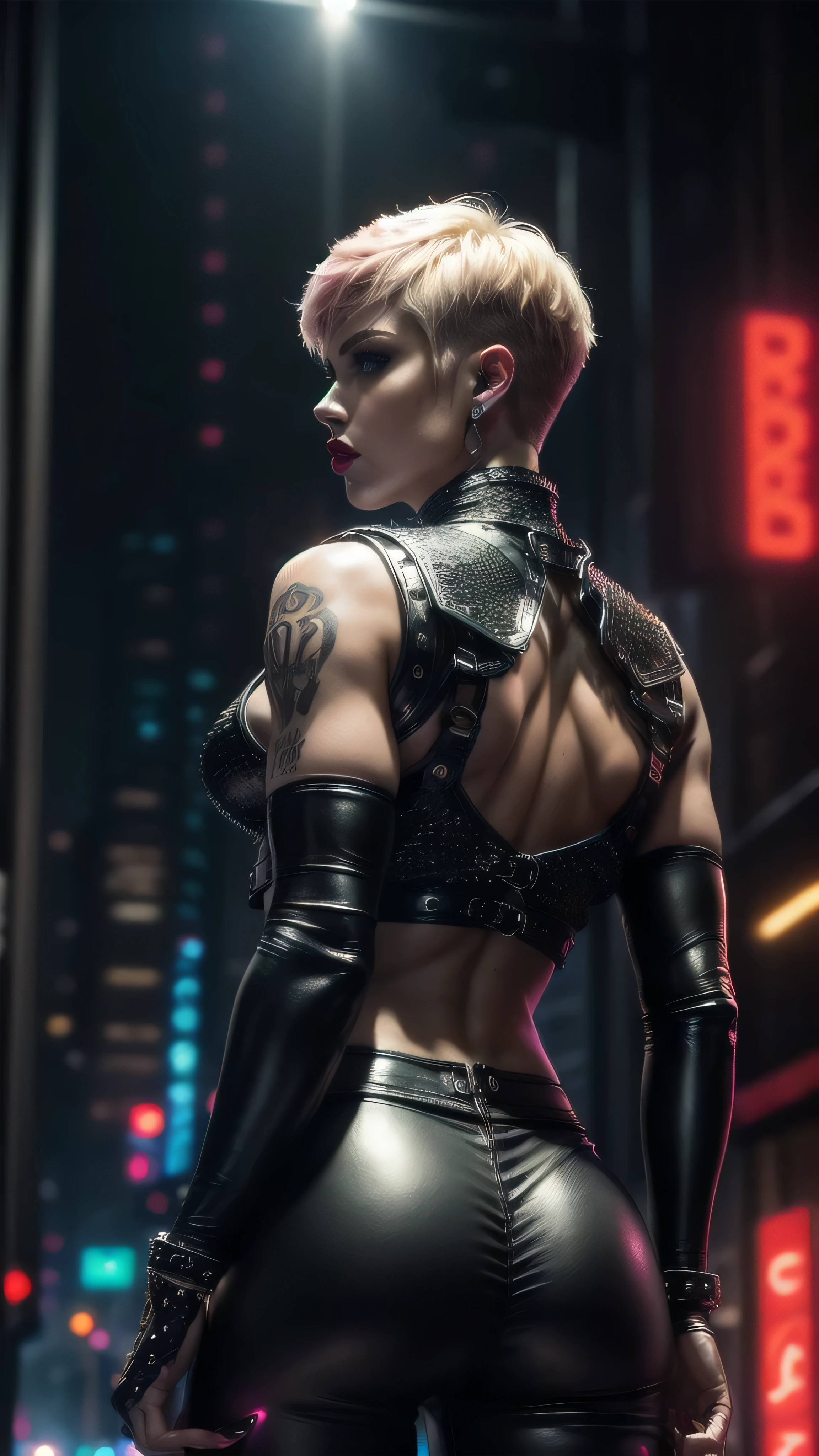 (masterpiece), (extremely intricate:1.3), (realistic), muscular bodybuilder girl, (((short undercut [blonde hair:pink hair:0.7], [flat chest:large breasts:0.6], upper body, makeup:1.6, leather pants, (perfectchainmail black duster vest), red lips, neon night, darkness, shadow, tattoo:1.4, rear view))), outdoors, metal reflections, ((((futuristic cyberpunk street, dangerous)))), professional photograph, sharp focus, dramatic, award winning, cinematic lighting, volumetrics dtx, (film grain, blurry background, blurry foreground, bokeh, depth of field), 8K