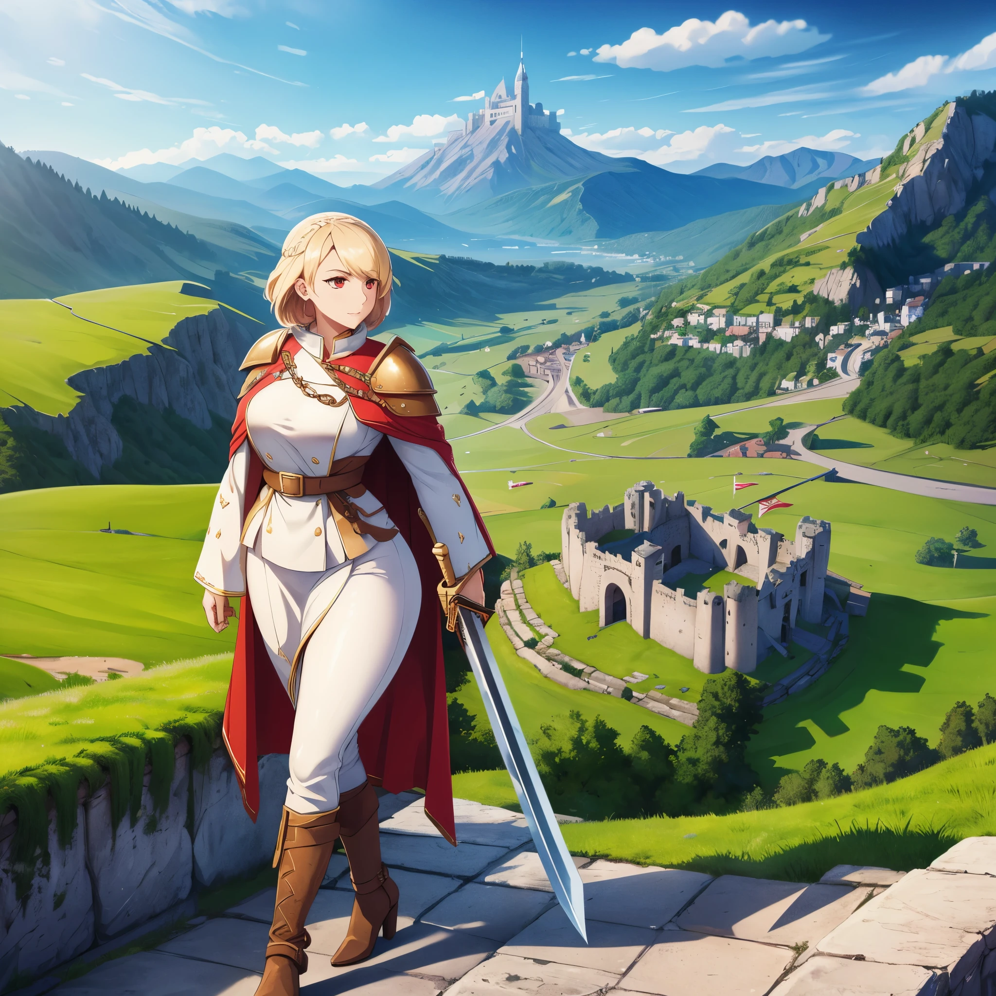 a woman wearing medieval heavy armor, white armor with gold details, metal bracelet, white metal boots, fur cape, holding a medieval medium sword, short blonde hair, red eyes, walking in a medieval fortification overlooking mountains. day place.HDR, masterpiece, well defined, ultra resolution, high quality, 8k HD. (just a woman, solo)