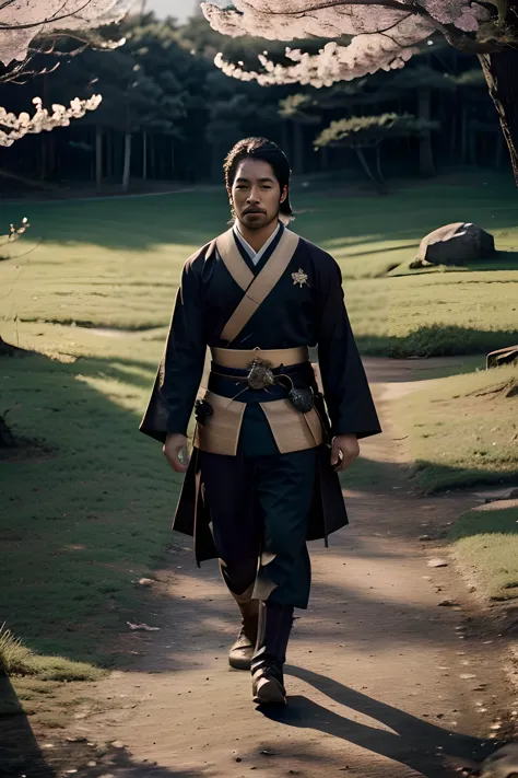 un samurai caminando en un bosque cherrie blossom, epico, dramatico, realista, (vista frontal), 8k,octane render