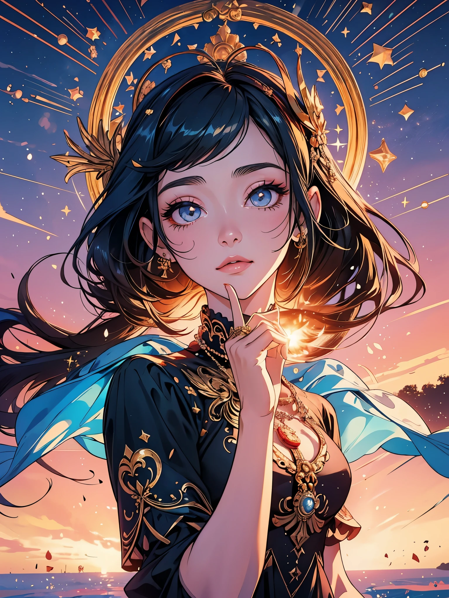 (absurdos, high resolution, ultra detalhado), 1 garota, Zodiac sign - Goddess of Aries , Sozinho, maduro, Baroque, vestido longo, Manga comprida, elegante, Colorida, mais detalhado, tronco , sunset hair . Olhos de fogo . Corajoso, intencional, produtivo, Enterprising Humanitarian Face .