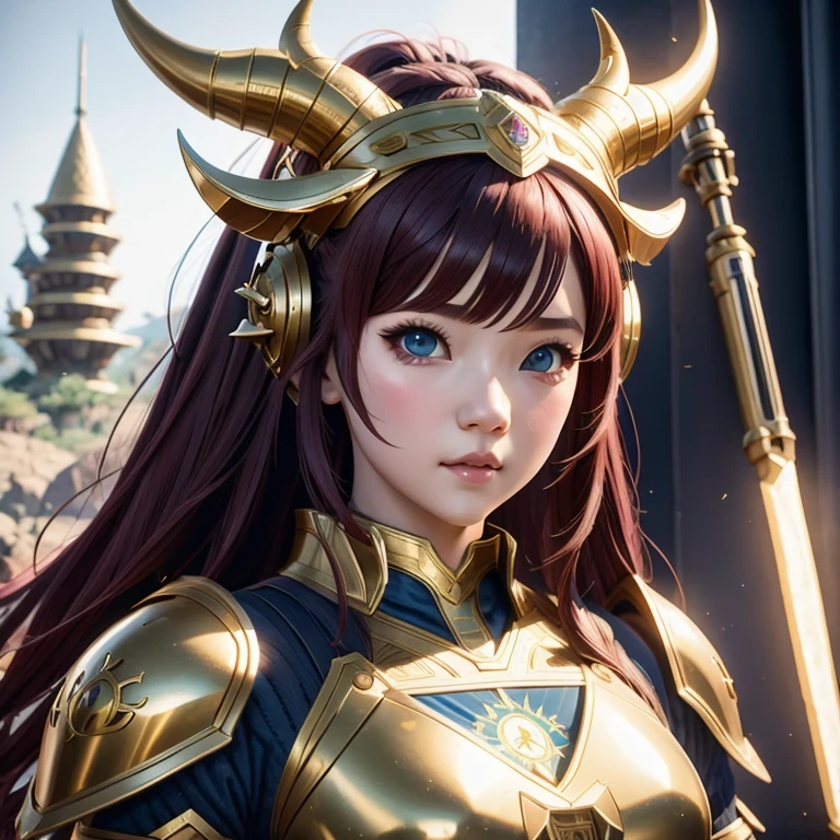 lado，fechar-se，Havia uma mulher usando um capacete com chifres, motor irreal render + Deusa, Arte de personagem de renderização 3D 8k, renderizando uma garota de anime 3d bonito, Personagem pequeno. motor irreal 5, Renderização realista de garota de anime, Personagem estilo Valquíria, Akihiko Yoshida. motor irreal, Garota com armadura de cavaleiro, obras de arte no estilo de guweiz, 1 garota, Solitário，