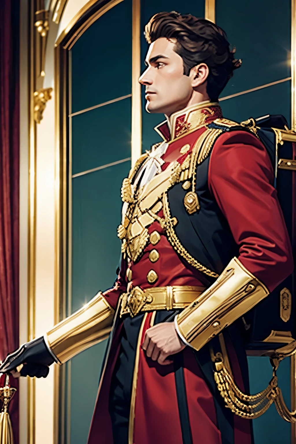 A MAN WITH A GOLDEN JETPACK AND RED UNIFORM IN ROCOCO STYLE