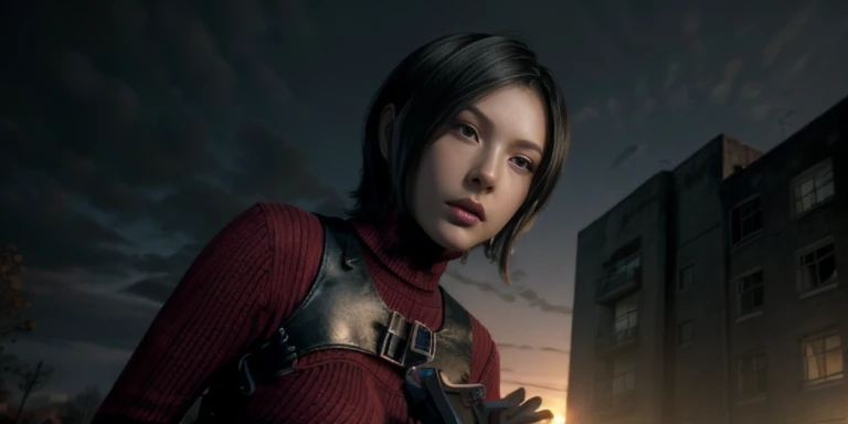 (masterpiece, best quality:1.4), insaneres, absurdres, solo, looking at viewer,BREAK GAME_ResidentEvil4Remake_AdaWong_ownwaifu, 1girl, asian, black hair, short hair, brown eyes, lips, bangs, large breasts, red lips, makeup, lipstick, sweater, dress, gloves, holster, shoulder holster, black gloves, turtleneck, turtleneck sweater, sweater dress, ribbed sweater, long sleeves, harness, belt, thighhighs, pantyhose, thigh boots, black thighhighs, red sweater, red dress, (contrapposto, hand on hip), sunset, sidelighting, outdoors, depth of field, zombie hands