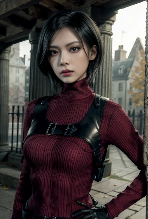 (obra maestra, mejor calidad:1.4), Insaneres, absurdos, solo, mirando al espectador,DESCANSAR JUEGO_ResidentEvil4Remake_ADAWONG_propiowaifu, 1 chica, asian, pelo negro, cabello corto, Ojos cafés, labios, Golpes, pechos grandes, red labios, constituir, labiostick, suéter, vestido, guantes, funda, shoulder funda, black guantes, suéter tipo con cuello de tortuga, suéter tipo con cuello de tortuga suéter, suéter vestido, ribbed suéter, mangas largas, aprovechar, cinturón, muslos, pantys, botas hasta el muslo, black muslos, red suéter, red vestido, (contrastado, mano en la cadera), atardecer, iluminación lateral, Al aire libre, profundidad de campo, manos zombies