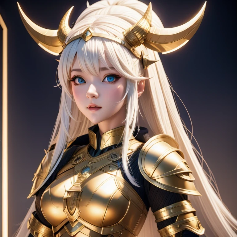 （（（Ivory white）））close up，There was a woman wearing a horned helmet,（（future technology）） Unreal Engine render + goddess, 3D Rendering Character Art 8K, Rendering a cute 3D anime girl, Personagem pequeno. Unreal Engine 5, Realistic anime girl rendering, Valkyrie-style character, Akihiko Yoshida. Unreal Engine, Girl in knightly armor, Artwork in the style of Guweiz, 1 Girl, Solitary，