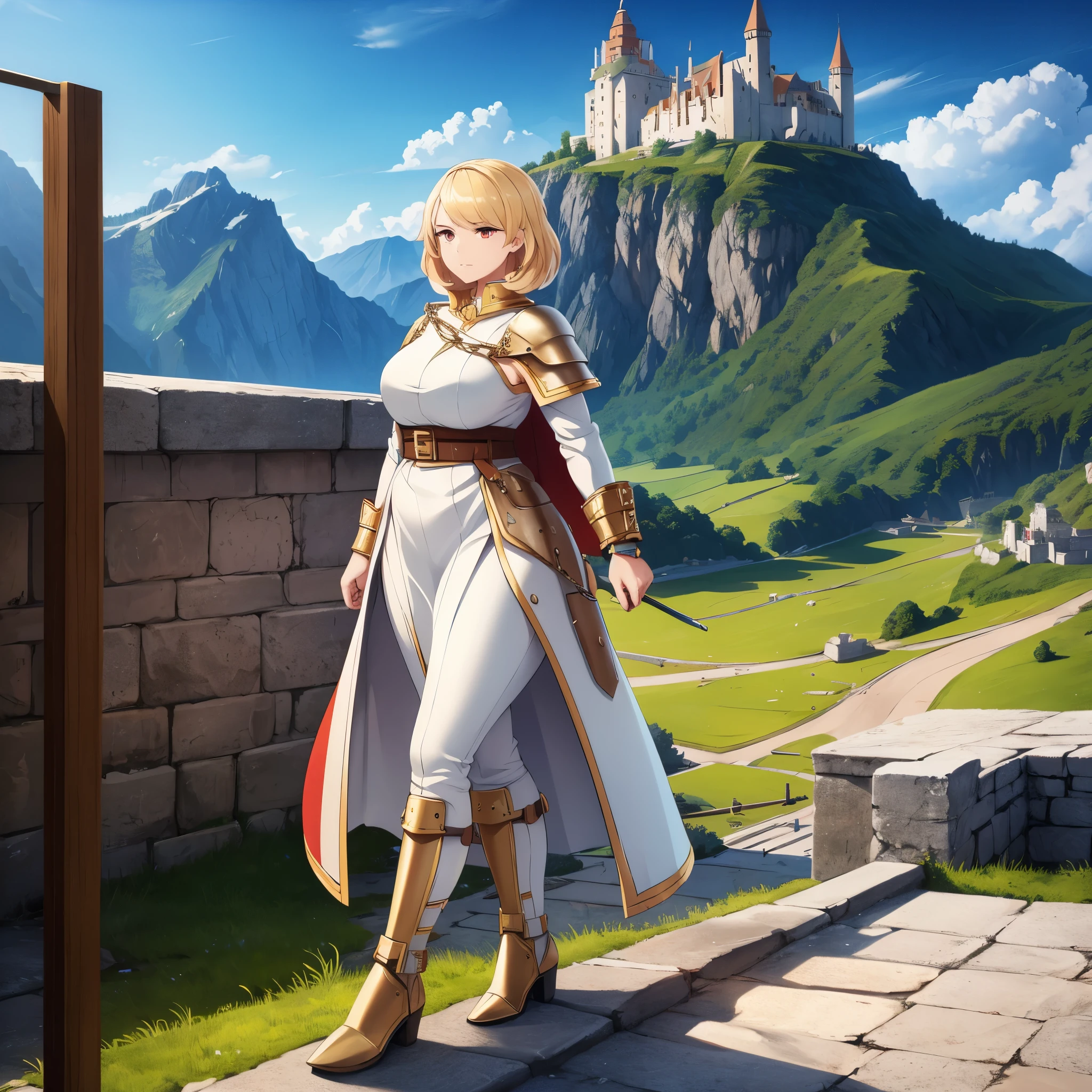 a woman wearing medieval heavy armor, white armor with gold details, metal bracelet, white metal boots, fur cape, short blonde hair, red eyes, walking in a medieval fortification overlooking mountains. day place.HDR, masterpiece, well defined, ultra resolution, high quality, 8k HD. (just a woman, solo)
