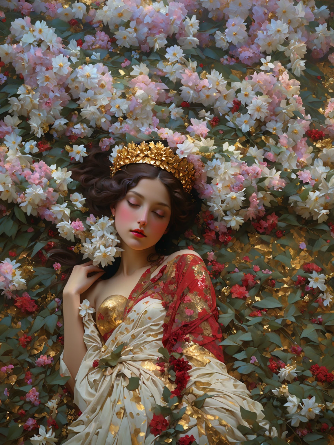 une peinture d&#39;une femme avec une couronne de fleurs sur la tête, déesse des fleurs, femme en fleurs, elle a une couronne de fleurs, une déesse dans un champ de fleurs, Couvert de fleurs, Mucha Klimt et Tom Bagshaw, fille en fleurs, perséphone au printemps, reine des fleurs, déesse du printemps, art du tibia jinyoung, portrait féminin avec des fleurs, photo brute de (adulte:1.3),un éclat féminin de cascades pourpres acidulées,entrelaçant magie et technologie avec une allure visqueuse, disparaît dans l&#39;ombre,dans un chef-d&#39;œuvre néo-expressionniste d&#39;étreinte dorée,aux seins nus,Petits seins,cheveux entre les yeux,(maigre, Corps mince:0.4),(clair-obscur:1.3),(Chef-d&#39;œuvre du rendu d&#39;octane,échelle de chef-d&#39;œuvre,belle profondeur de champ,champ ultra large,perspective CG ultra détaillée,éclairage ultra dynamique ombres étonnantes,Éclairage dramatique), Transmettre le sentiment de force intérieure et de confiance. Introduire un doux, brume atmosphérique dans l&#39;environnement, créant une douce diffusion de lumière et donnant l&#39;impression d&#39;une aura et d&#39;une présence dorées.