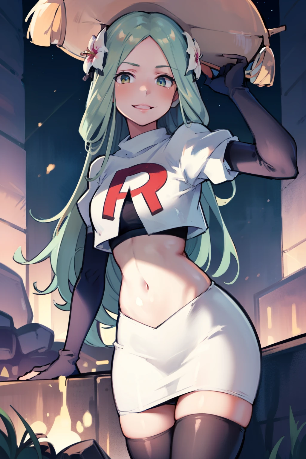 defRhea, headdress, hair flower, team rocket,team rocket uniform,white skirt,red letter R,crop top,black thigh-highs,black elbow gloves, evil smile, looking at viewer, cowboy shot, night sky background