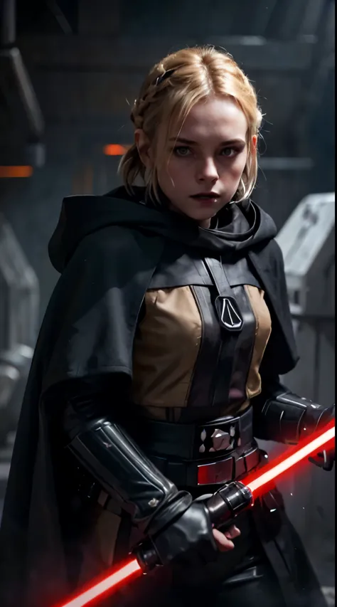 A cute 14 years old girl, short bobcut blonde braided hair, bang, evil grin, sinister, pale skin, sith lord from star wars, wear...