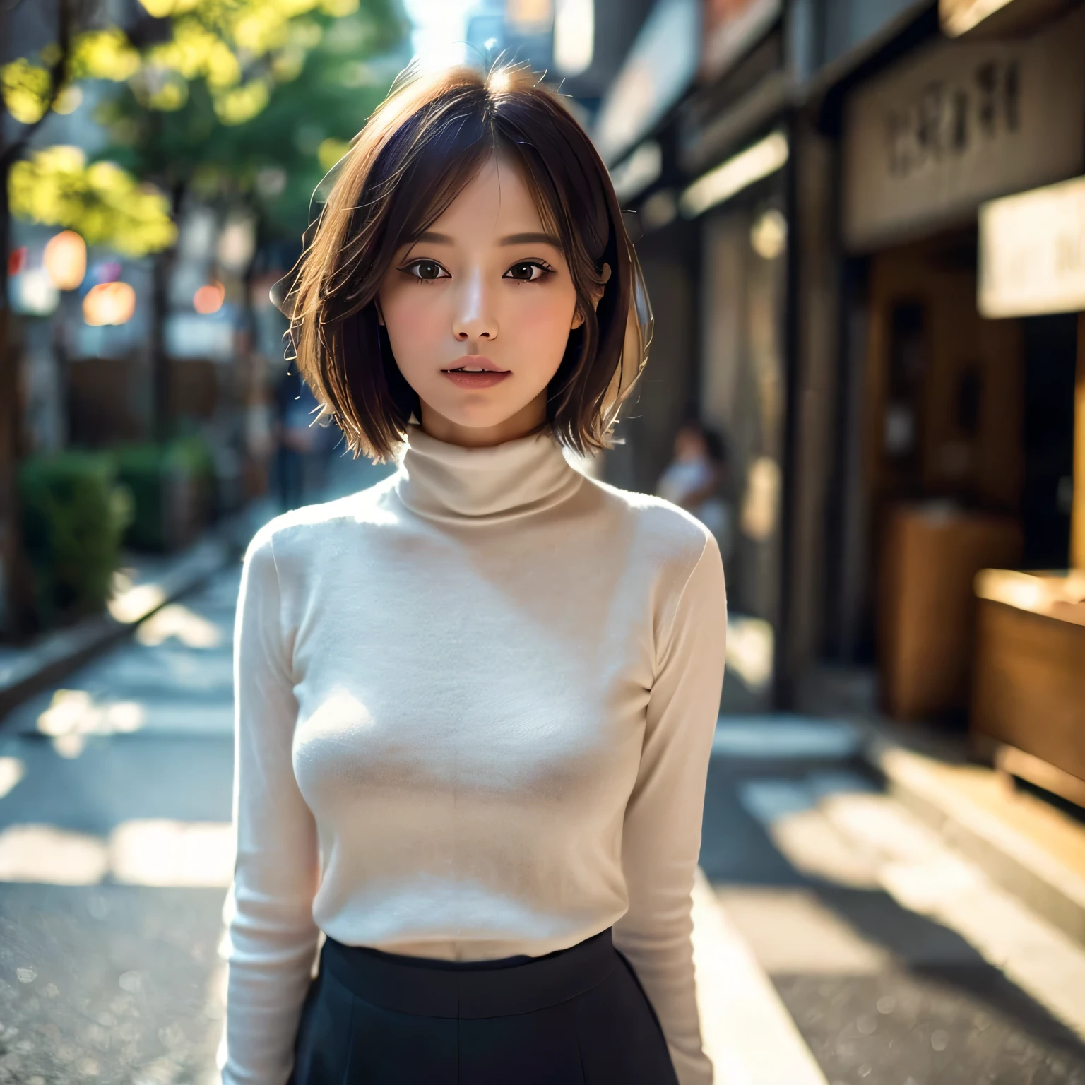 (Turtleneck sweater、skirt)、(highest quality,masterpiece:1.3,Ultra-high resolution,),(Very detailed,Caustics),(realism:1.4,RAW shooting,)Ultra-Realistic Capture,Very detailed,HD 16K Human Skin、 Natural skin texture、、Skin looks healthier、Even Skin Tone、 Use natural light and color,A woman ,Japanese,,cute,Brunette,(Depth of written border、Color Difference、Short to medium hair、Wide range of lighting、Natural Shadows、)、(Hair swaying in the wind:1.2)、Tokyo cityscape